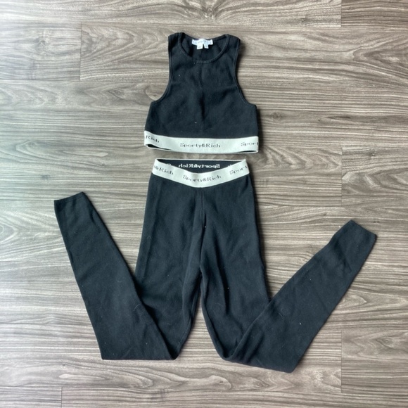 Sporty & Rich Serif Logo Knit Legging and Bra Set Black and White Small - Picture 4 of 12